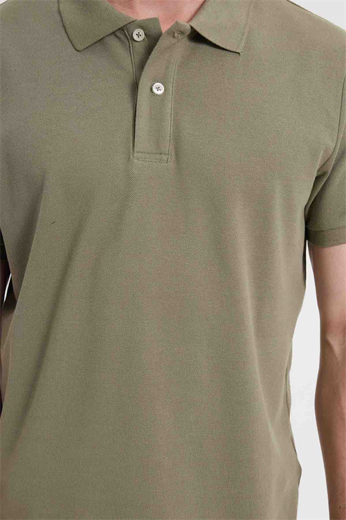 Erkek Slim Fit Dar Kesim %100 Pamuk Kısa Kollu Polo Yaka Haki Tişört