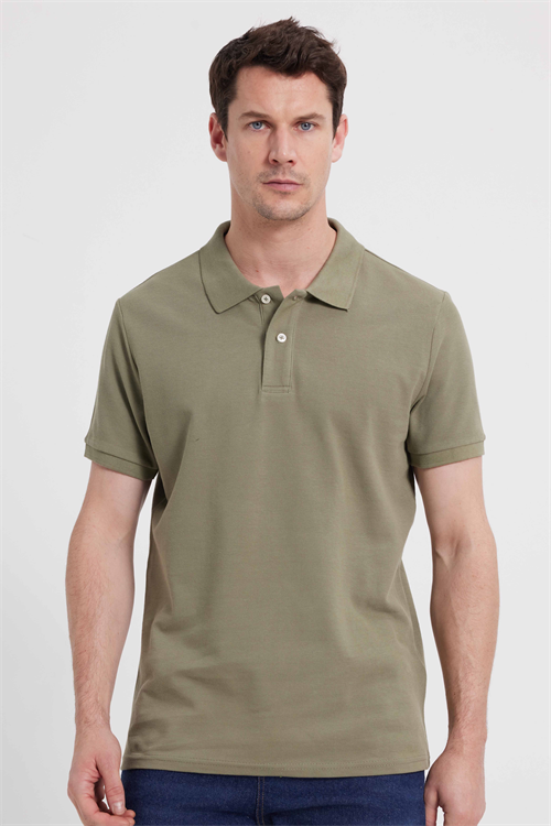 Erkek Slim Fit Dar Kesim %100 Pamuk Kısa Kollu Polo Yaka Haki Tişört