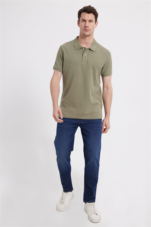 Erkek Slim Fit Dar Kesim %100 Pamuk Kısa Kollu Polo Yaka Haki Tişört