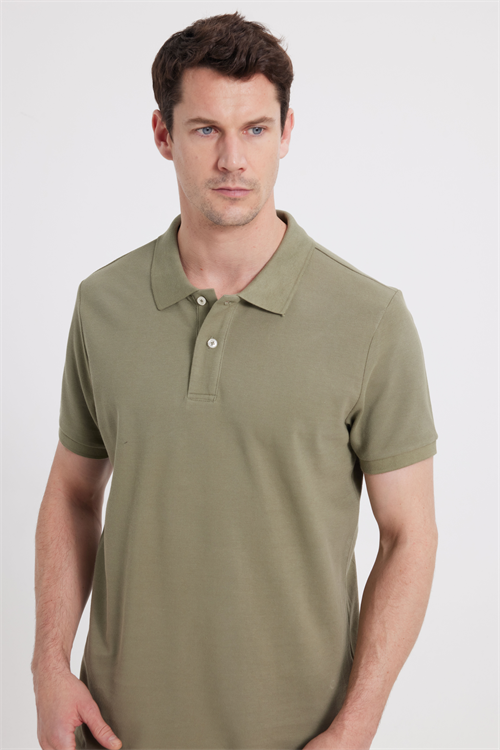 Erkek Slim Fit Dar Kesim %100 Pamuk Kısa Kollu Polo Yaka Haki Tişört