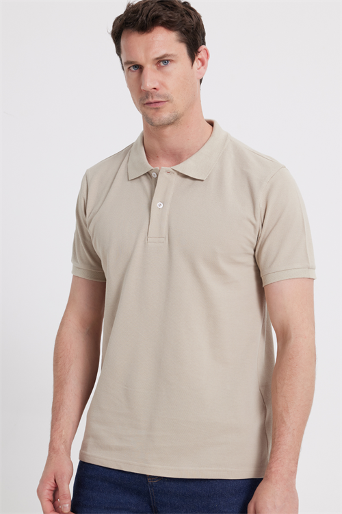 Erkek Slim Fit Dar Kesim %100 Pamuk Kısa Kollu Polo Yaka Bej Tişört