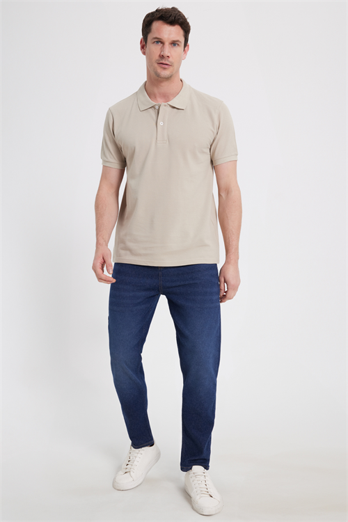 Erkek Slim Fit Dar Kesim %100 Pamuk Kısa Kollu Polo Yaka Bej Tişört