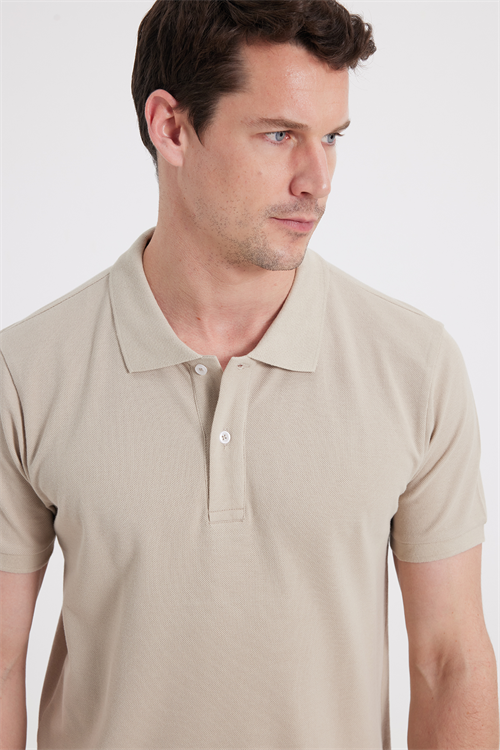 Erkek Slim Fit Dar Kesim %100 Pamuk Kısa Kollu Polo Yaka Bej Tişört