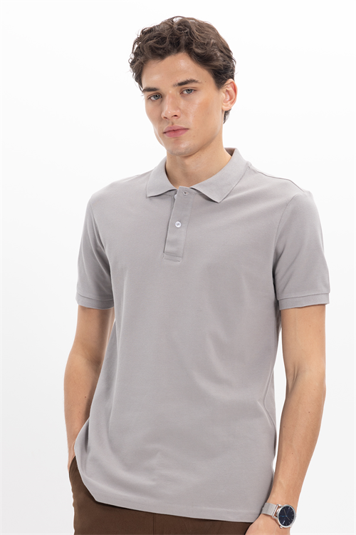 Erkek Slim Fit Dar Kesim %100 Pamuk Kısa Kollu Polo Yaka Gri Tişört