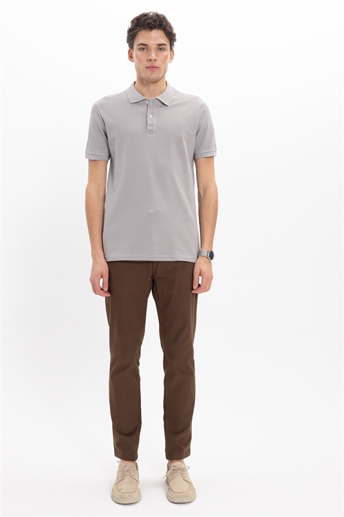 Erkek Slim Fit Dar Kesim %100 Pamuk Kısa Kollu Polo Yaka Gri Tişört