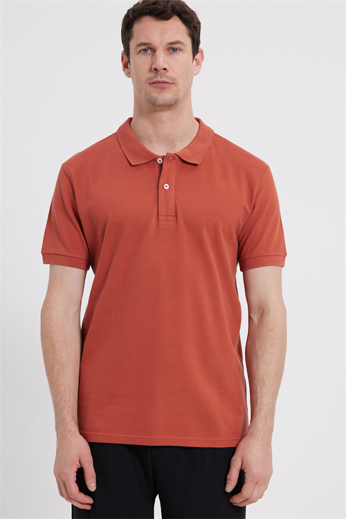 Erkek Slim Fit Dar Kesim %100 Pamuk Kısa Kollu Polo Yaka Turuncu Tişört