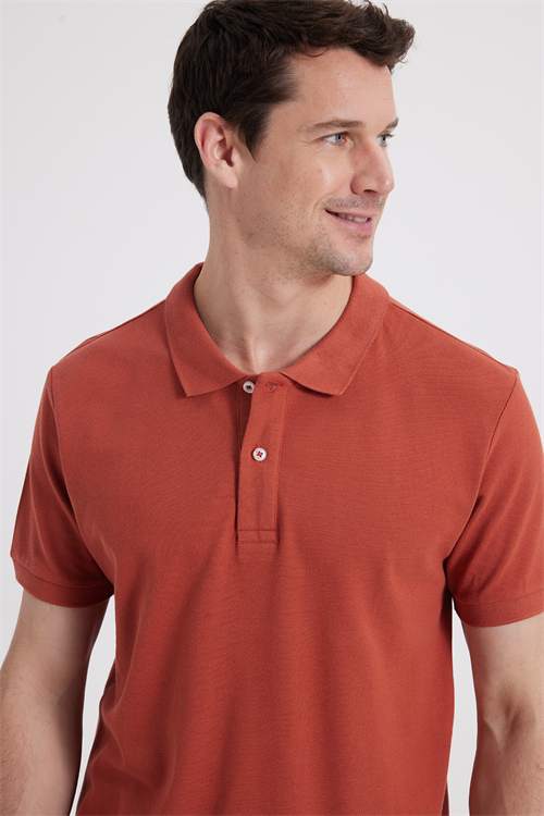 Erkek Slim Fit Dar Kesim %100 Pamuk Kısa Kollu Polo Yaka Turuncu Tişört