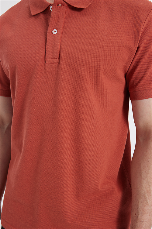 Erkek Slim Fit Dar Kesim %100 Pamuk Kısa Kollu Polo Yaka Turuncu Tişört