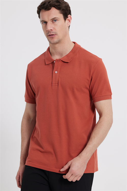Erkek Slim Fit Dar Kesim %100 Pamuk Kısa Kollu Polo Yaka Turuncu Tişört