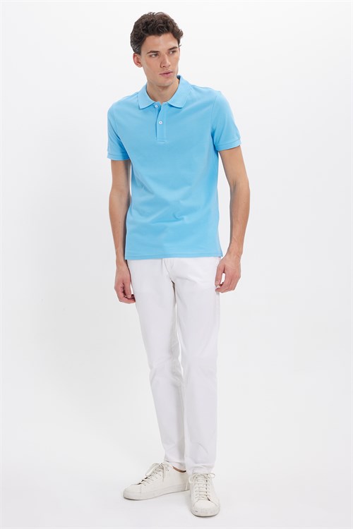 Erkek Slim Fit Dar Kesim %100 Pamuk Kısa Kollu Polo Yaka Mavi Tişört