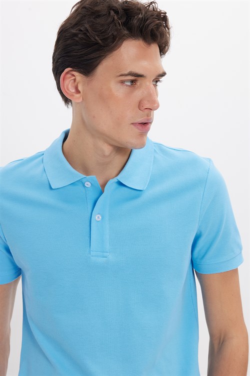 Erkek Slim Fit Dar Kesim %100 Pamuk Kısa Kollu Polo Yaka Mavi Tişört