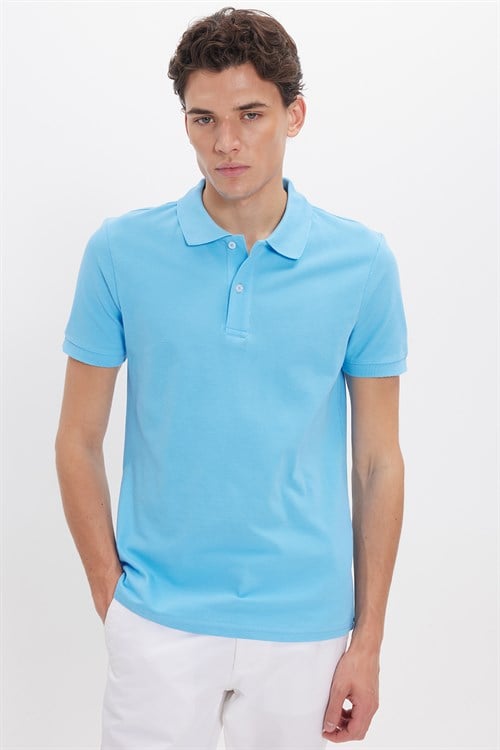 Erkek Slim Fit Dar Kesim %100 Pamuk Kısa Kollu Polo Yaka Mavi Tişört