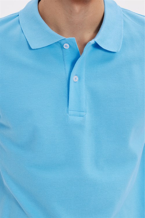 Erkek Slim Fit Dar Kesim %100 Pamuk Kısa Kollu Polo Yaka Mavi Tişört