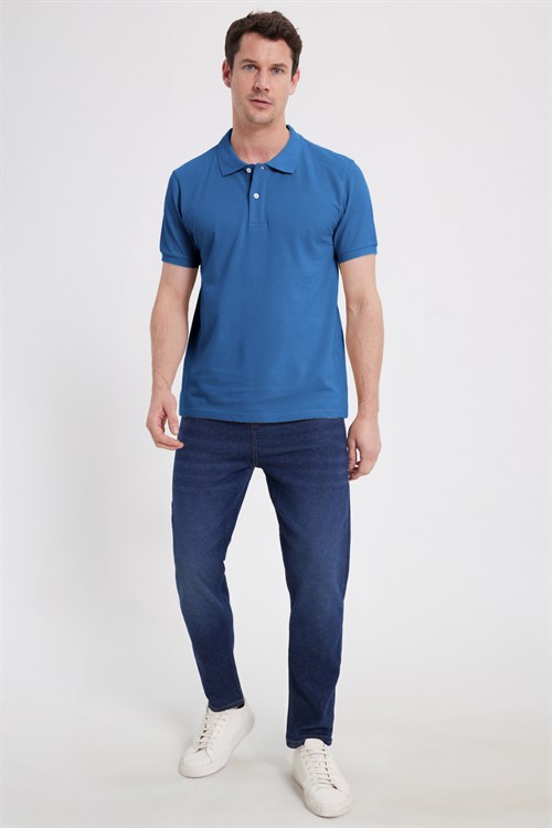Erkek Slim Fit Dar Kesim %100 Pamuk Kısa Kollu Polo Yaka Mavi Tişört