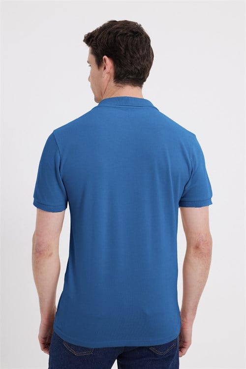 Erkek Slim Fit Dar Kesim %100 Pamuk Kısa Kollu Polo Yaka Mavi Tişört