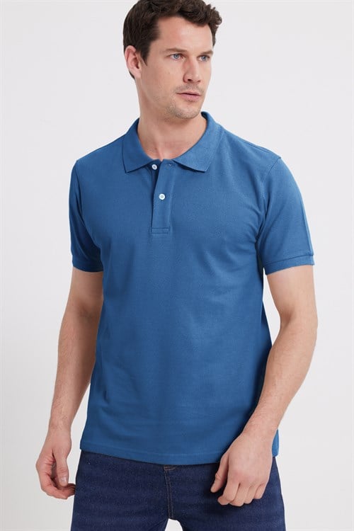 Erkek Slim Fit Dar Kesim %100 Pamuk Kısa Kollu Polo Yaka Mavi Tişört