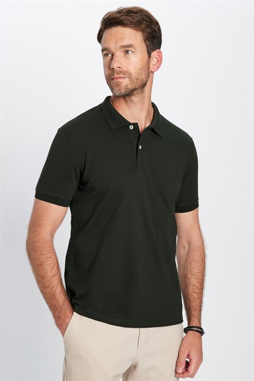 Erkek Slim Fit Dar Kesim %100 Pamuk Kısa Kollu Polo Yaka Haki Tişört