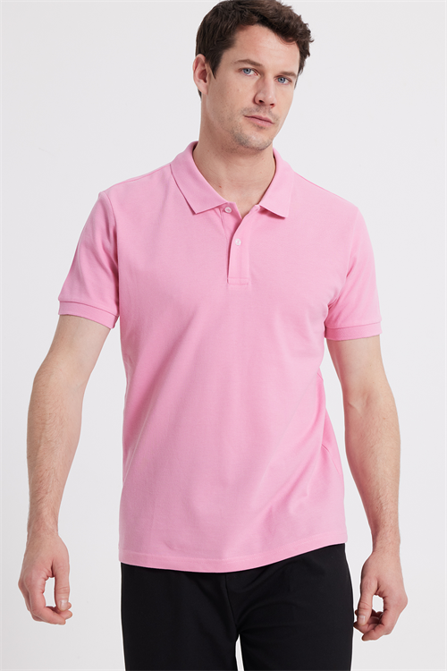 Erkek Slim Fit Dar Kesim %100 Pamuk Kısa Kollu Polo Yaka Pembe Tişört