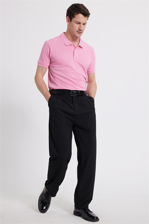Erkek Slim Fit Dar Kesim %100 Pamuk Kısa Kollu Polo Yaka Pembe Tişört