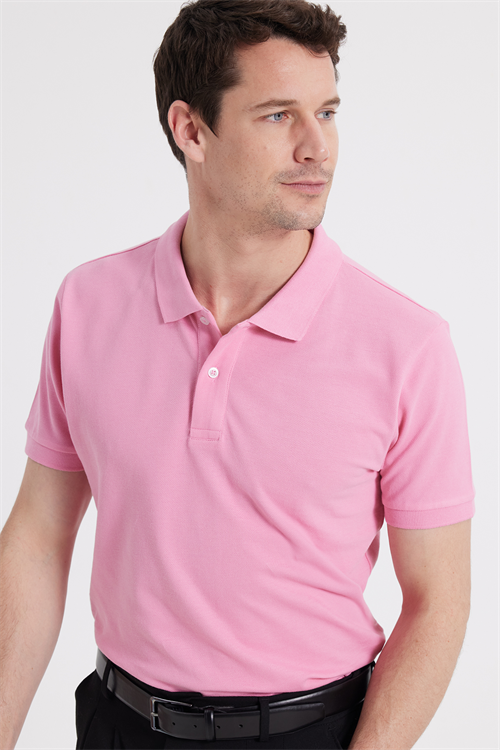 Erkek Slim Fit Dar Kesim %100 Pamuk Kısa Kollu Polo Yaka Pembe Tişört