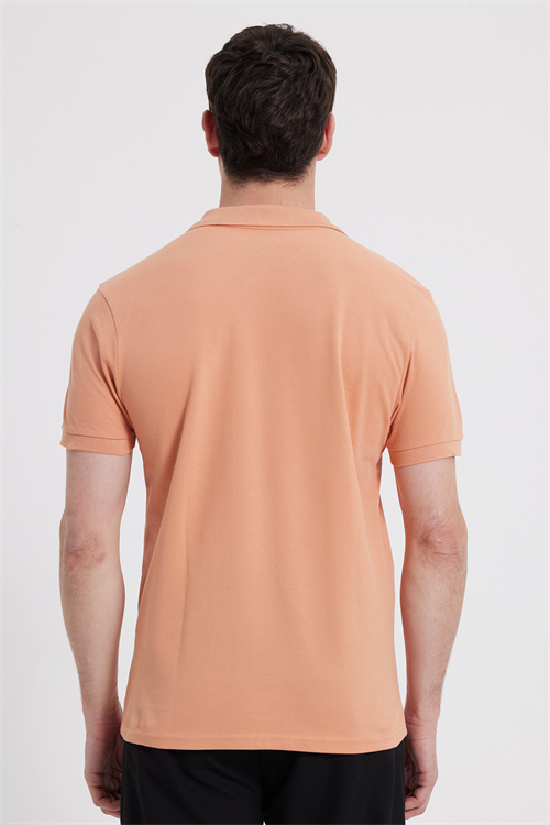 Erkek Slim Fit Dar Kesim %100 Pamuk Kısa Kollu Polo Yaka Turuncu Tişört