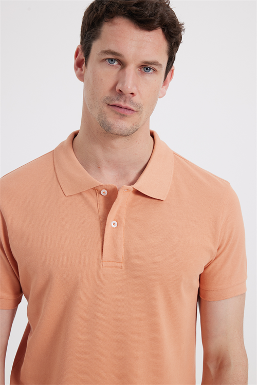 Erkek Slim Fit Dar Kesim %100 Pamuk Kısa Kollu Polo Yaka Turuncu Tişört