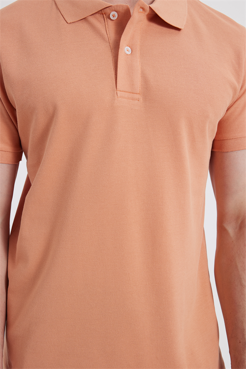 Erkek Slim Fit Dar Kesim %100 Pamuk Kısa Kollu Polo Yaka Turuncu Tişört