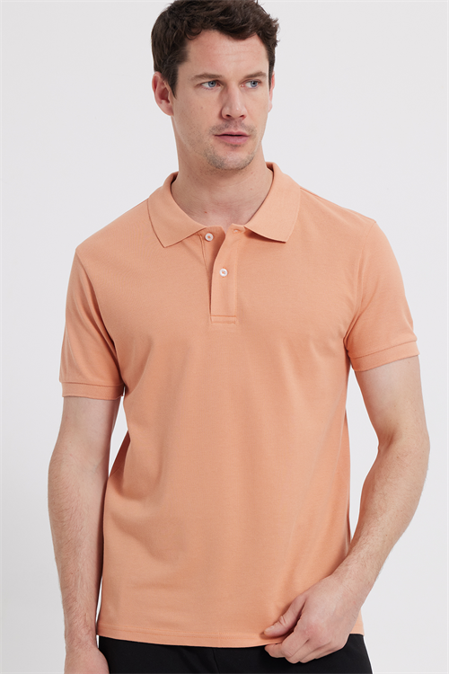 Erkek Slim Fit Dar Kesim %100 Pamuk Kısa Kollu Polo Yaka Turuncu Tişört