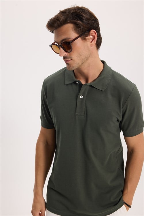 Erkek Slim Fit Dar Kesim %100 Pamuk Kısa Kollu Polo Yaka Yeşil Tişört