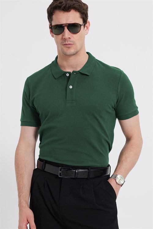 Erkek Slim Fit Dar Kesim %100 Pamuk Kısa Kollu Polo Yaka Yeşil Tişört