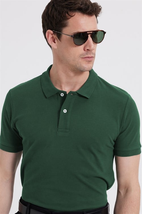 Erkek Slim Fit Dar Kesim %100 Pamuk Kısa Kollu Polo Yaka Yeşil Tişört