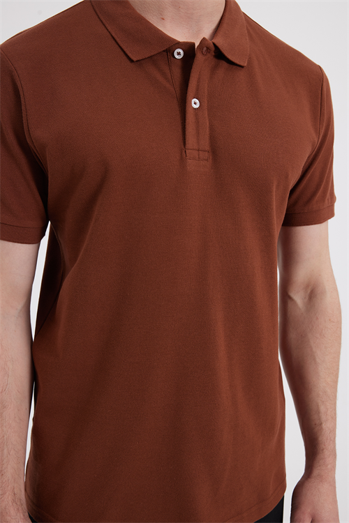 Erkek Slim Fit Dar Kesim %100 Pamuk Kısa Kollu Polo Yaka Kahverengi Tişört