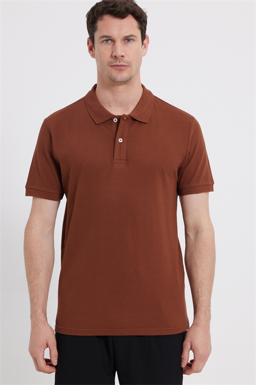 Erkek Slim Fit Dar Kesim %100 Pamuk Kısa Kollu Polo Yaka Kahverengi Tişört