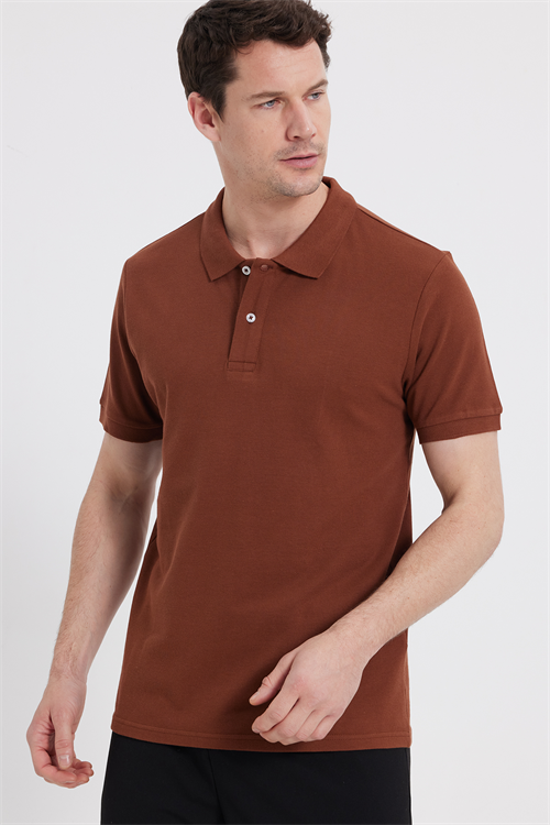 Erkek Slim Fit Dar Kesim %100 Pamuk Kısa Kollu Polo Yaka Kahverengi Tişört