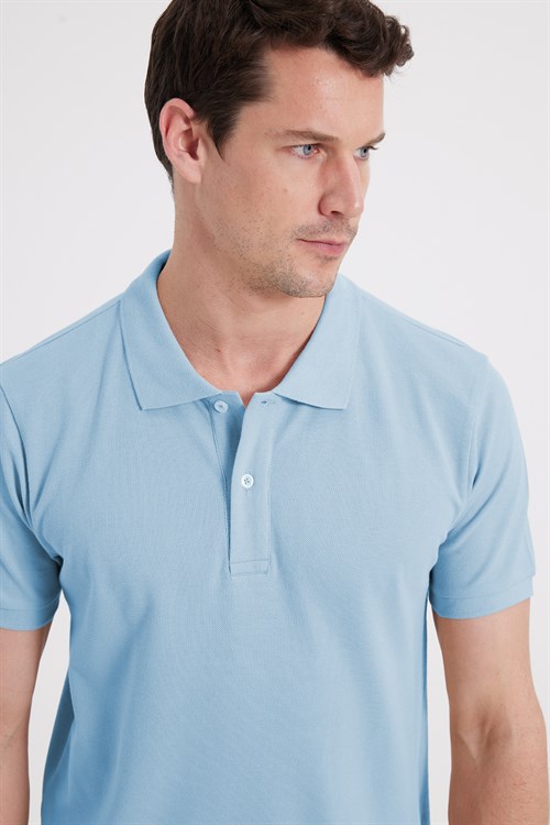 Erkek Slim Fit Dar Kesim %100 Pamuk Kısa Kollu Polo Yaka Mavi Tişört