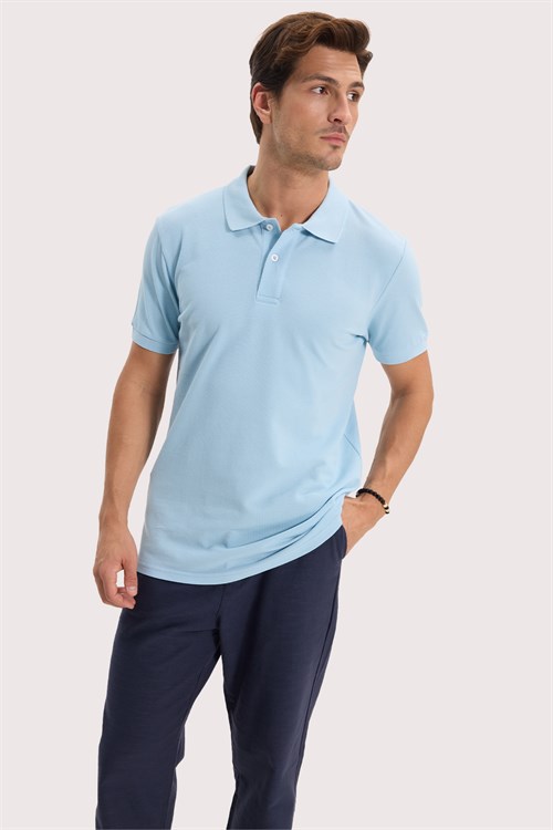 Erkek Slim Fit Dar Kesim %100 Pamuk Kısa Kollu Polo Yaka Mavi Tişört