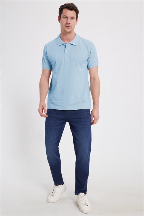 Erkek Slim Fit Dar Kesim %100 Pamuk Kısa Kollu Polo Yaka Mavi Tişört
