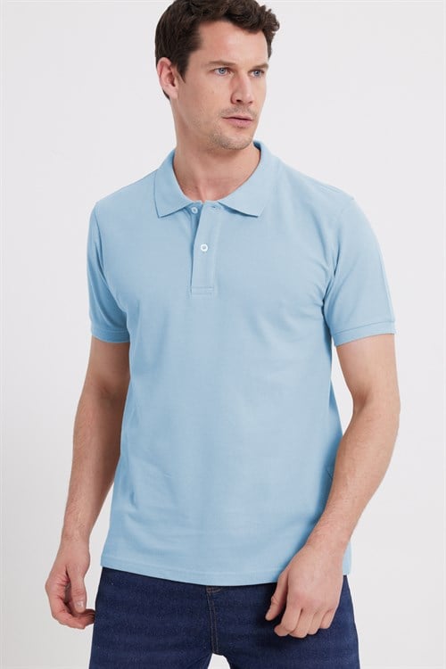 Erkek Slim Fit Dar Kesim %100 Pamuk Kısa Kollu Polo Yaka Mavi Tişört