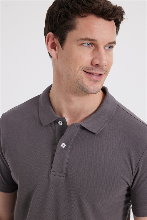 Erkek Slim Fit Dar Kesim %100 Pamuk Kısa Kollu Polo Yaka Gri Tişört