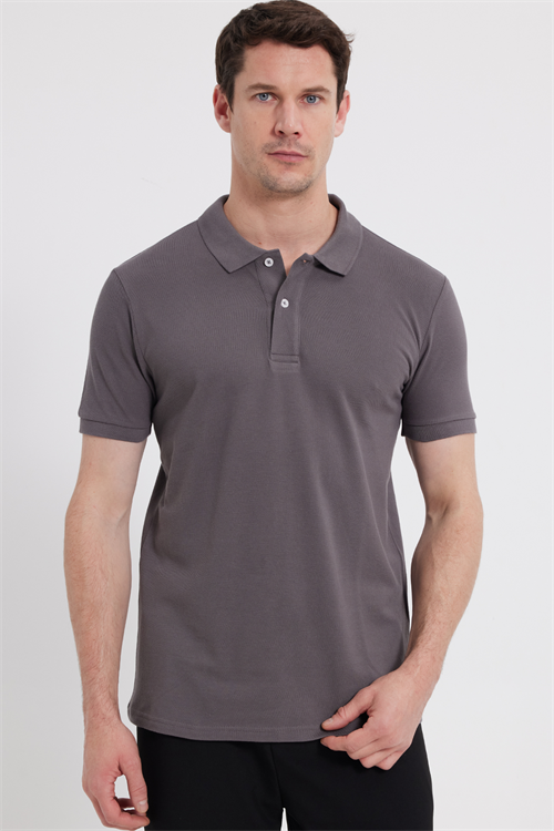 Erkek Slim Fit Dar Kesim %100 Pamuk Kısa Kollu Polo Yaka Gri Tişört