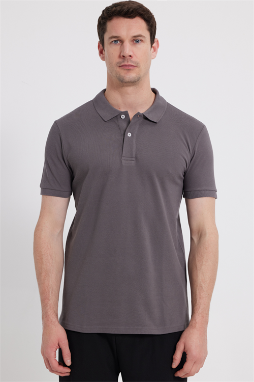 Erkek Slim Fit Dar Kesim %100 Pamuk Kısa Kollu Polo Yaka Gri Tişört