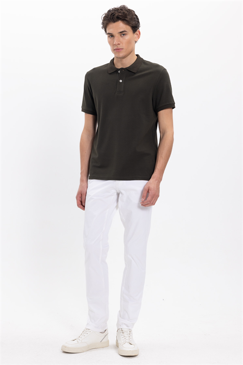 Erkek Slim Fit Dar Kesim %100 Pamuk Kısa Kollu Polo Yaka Haki Tişört