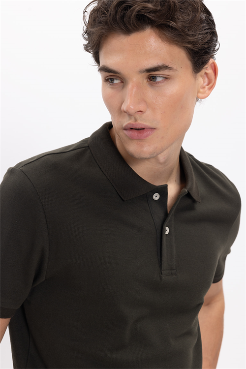 Erkek Slim Fit Dar Kesim %100 Pamuk Kısa Kollu Polo Yaka Haki Tişört