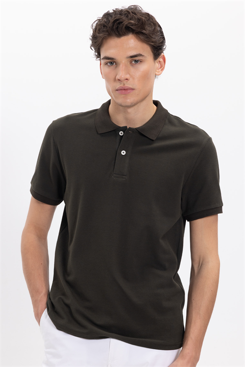 Erkek Slim Fit Dar Kesim %100 Pamuk Kısa Kollu Polo Yaka Haki Tişört