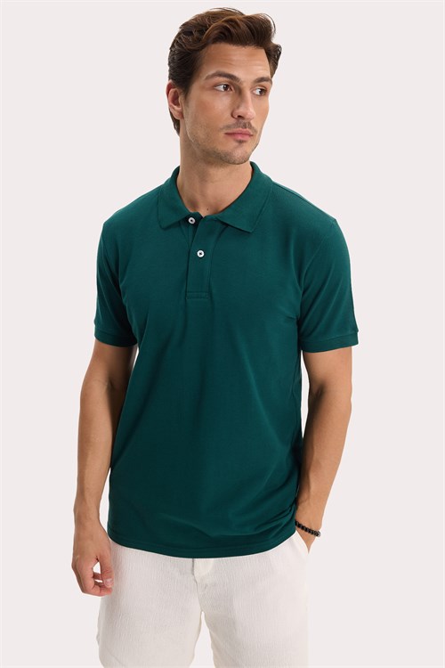 Erkek Slim Fit Dar Kesim %100 Pamuk Kısa Kollu Polo Yaka Yeşil Tişört