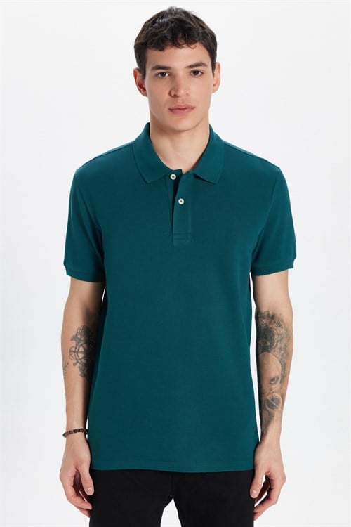 Erkek Slim Fit Dar Kesim %100 Pamuk Kısa Kollu Polo Yaka Yeşil Tişört