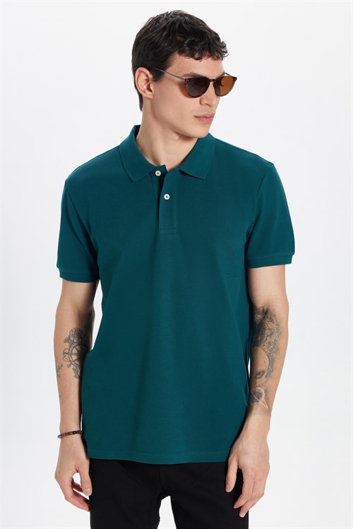 Erkek Slim Fit Dar Kesim %100 Pamuk Kısa Kollu Polo Yaka Yeşil Tişört
