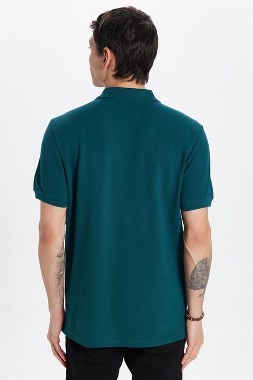 Erkek Slim Fit Dar Kesim %100 Pamuk Kısa Kollu Polo Yaka Yeşil Tişört