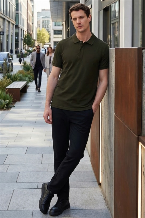 Erkek Slim Fit Dar Kesim %100 Pamuk Kısa Kollu Polo Yaka Haki Tişört