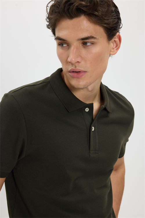 Erkek Slim Fit Dar Kesim %100 Pamuk Kısa Kollu Polo Yaka Haki Tişört